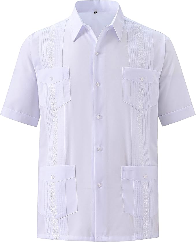 Men Cuban Embroidered Pleats Beach Shirt