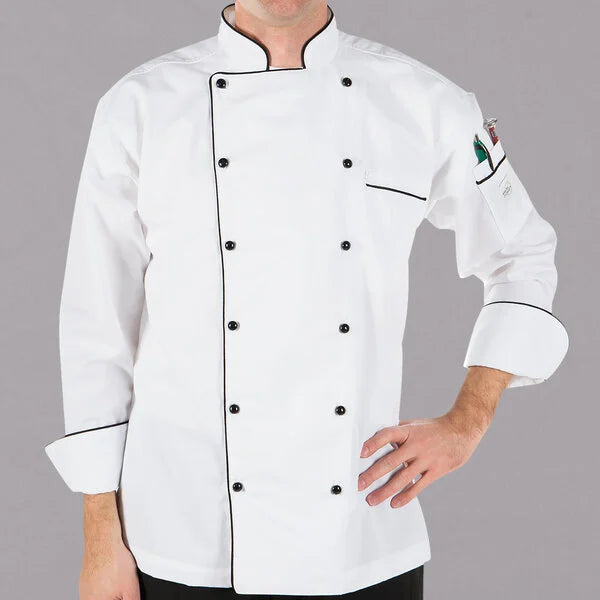 White Men's Customizable Traditional Neck Chef Jacket with Full Black Piping