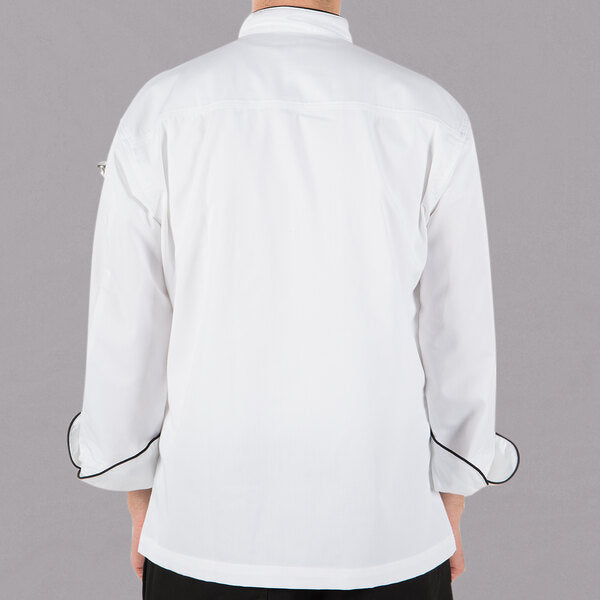 White Men's Customizable Traditional Neck Chef Jacket with Full Black Piping