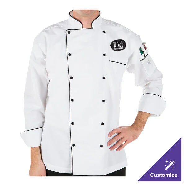 White Men's Customizable Traditional Neck Chef Jacket with Full Black Piping