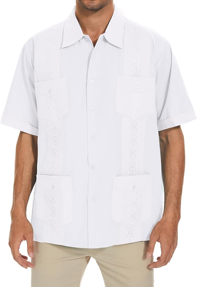 Men Cuban Embroidered Pleats Beach Shirt